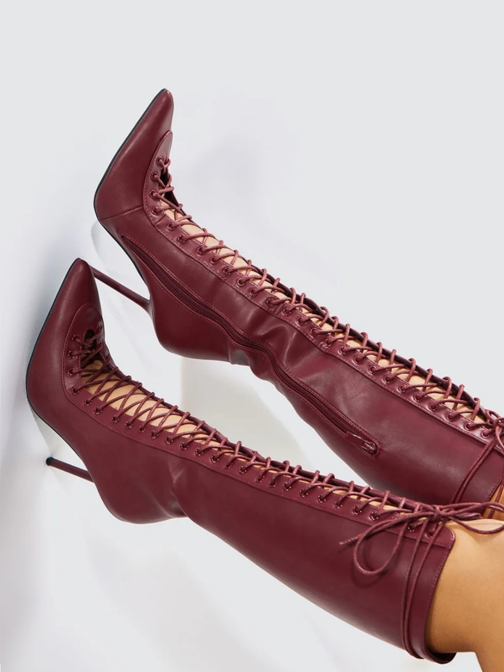 Burgundy Lace Up Knee High Boots